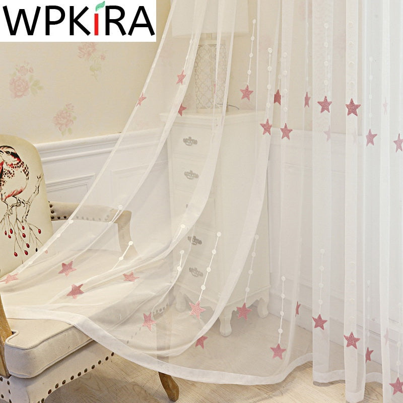 Pink Embroidered Star Voile Sheer Curtain