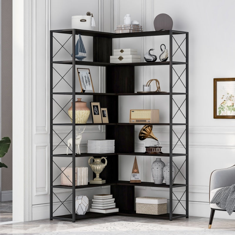 7-Tier Bookcase Home Office L-Shaped Corner Industrial Shelf