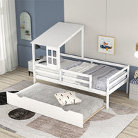 Thumbnail for Kids White Low Loft Bed with Roof and Trundle