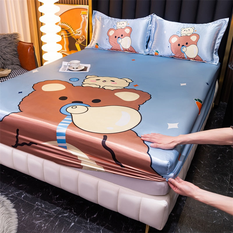 Satin Bed Linen for Single Bed - Cartoon Fitted Sheet for Kids