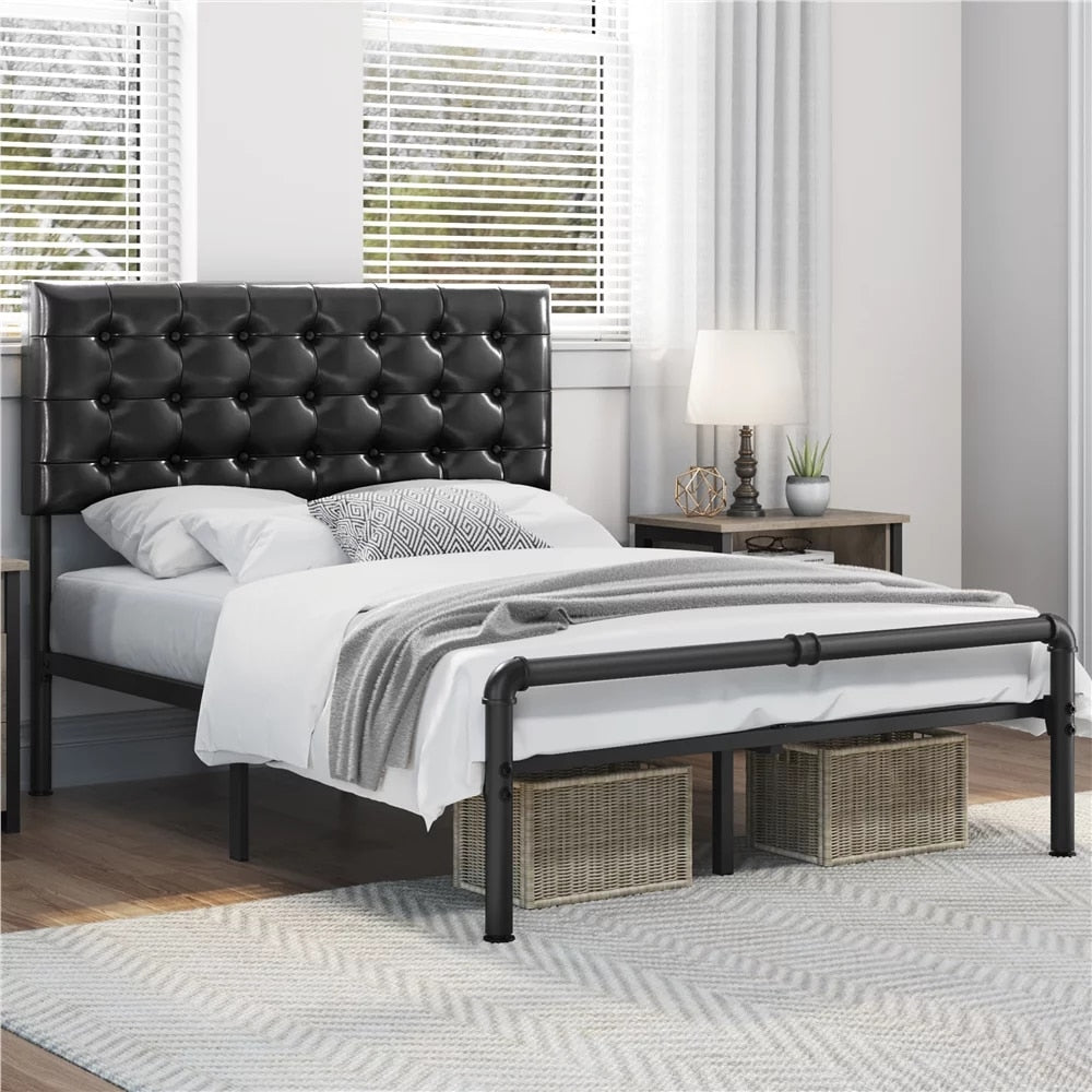 Metal Platform Full Bed with Tufted Faux Leather Headboard