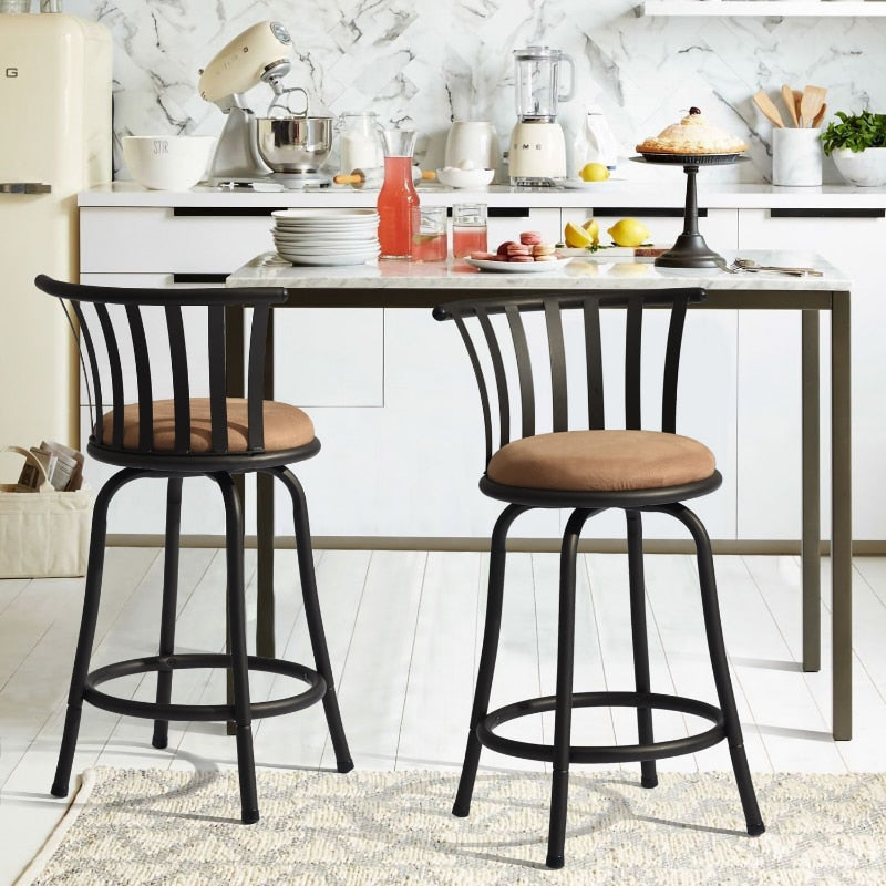 2 Piece Swivel Bar Stools with Brown Upholstery