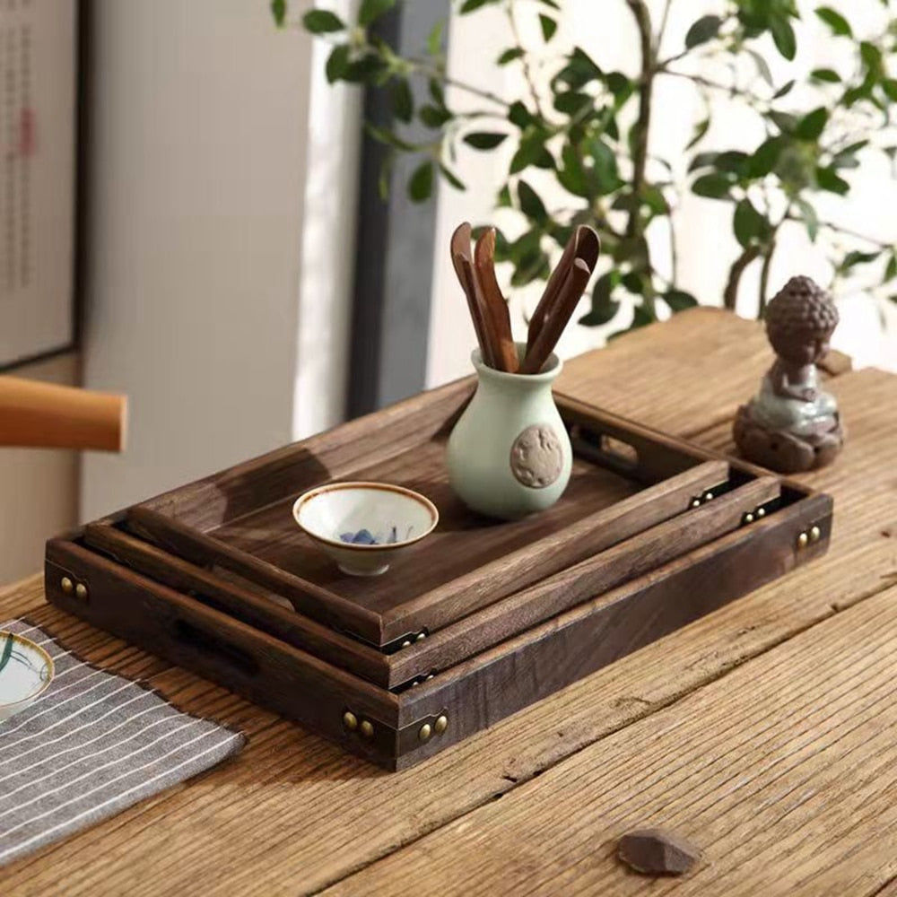 Rustic Wooden Serving Trays with Handle - Rectangular