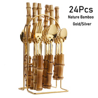 Thumbnail for 24Pcs Creative Bamboo Handle Dinnerware Set