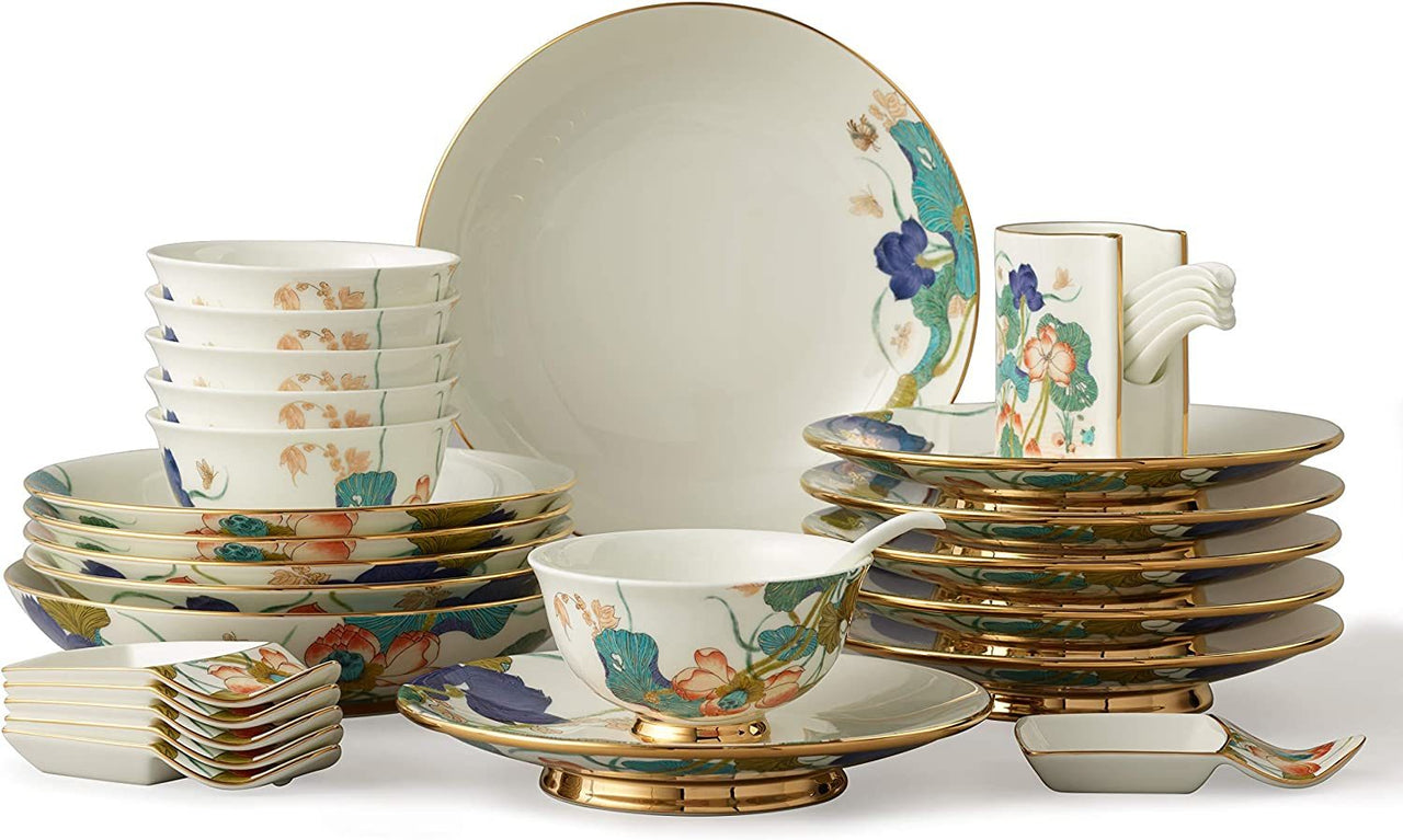 Auratic Bliss 31-Piece Premium Porcelain Dinnerware Set, Bowls, Plates, Dishes, Spoons, Spoon box, Service for 6 - Casatrail.com
