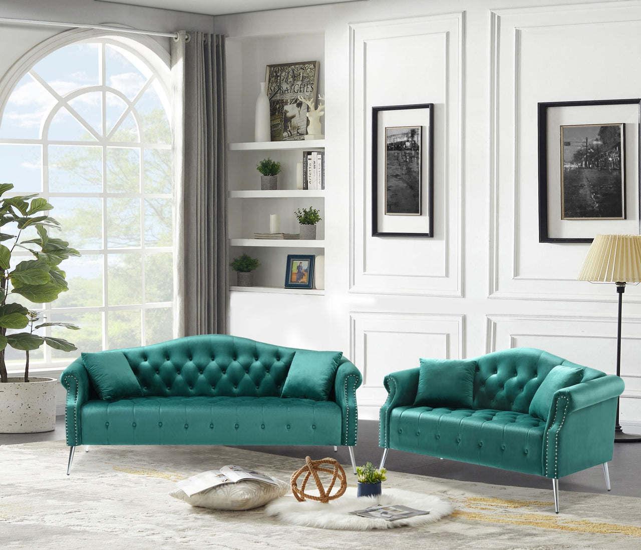 Classic Chesterfield Velvet Sofa Loveseat Contemporary Upholstered Couch Button Tufted Nailhead Trimming Curved Backrest Rolled Arms with Silver Metal Legs Living Room Set; 4 Pillows Included; Green - Casatrail.com