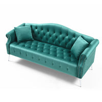 Thumbnail for Classic Chesterfield Velvet Sofa Loveseat Contemporary Upholstered Couch Button Tufted Nailhead Trimming Curved Backrest Rolled Arms with Silver Metal Legs Living Room Set; 4 Pillows Included; Green - Casatrail.com