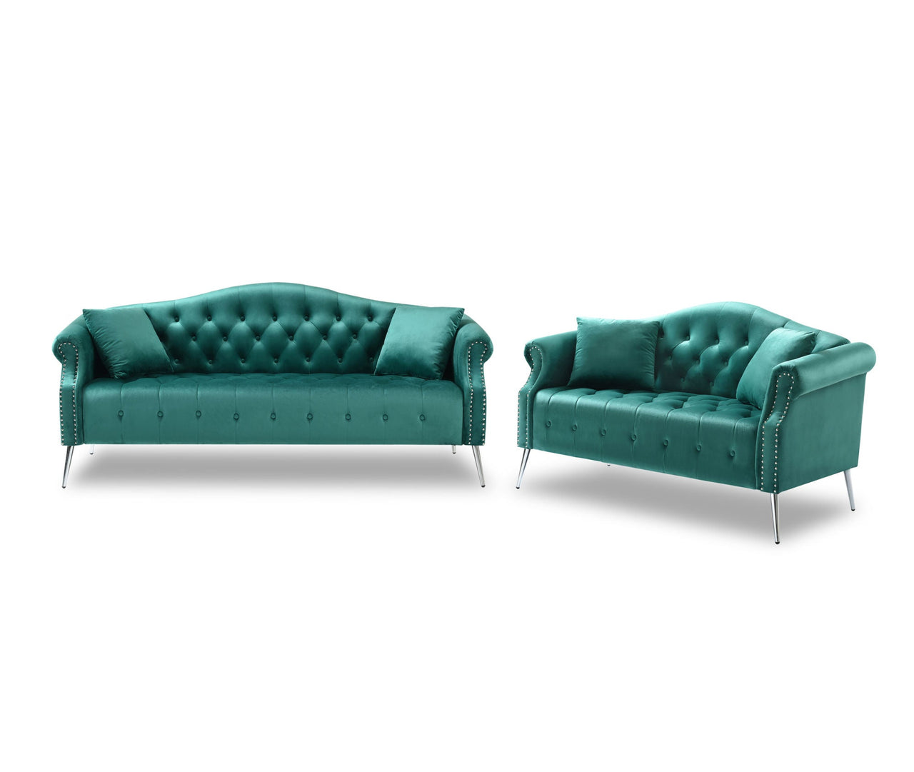 Classic Chesterfield Velvet Sofa Loveseat Contemporary Upholstered Couch Button Tufted Nailhead Trimming Curved Backrest Rolled Arms with Silver Metal Legs Living Room Set; 4 Pillows Included; Green - Casatrail.com