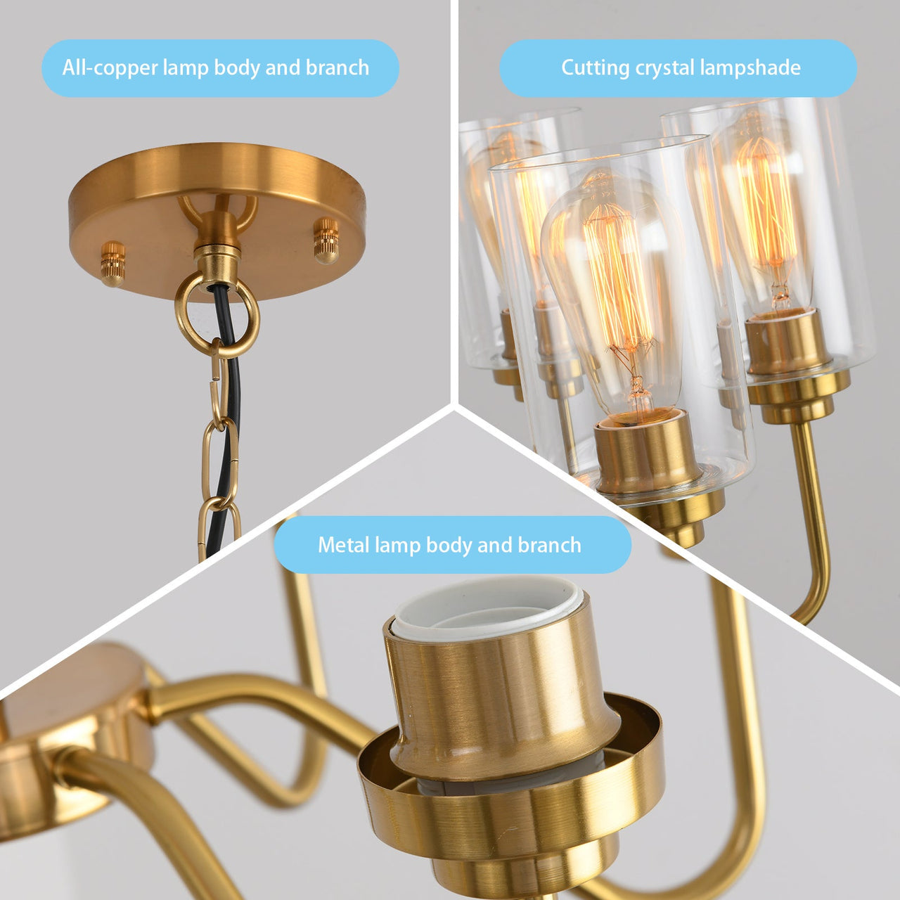 E26 glass chandelier iron golden 6 bulbs - Casatrail.com