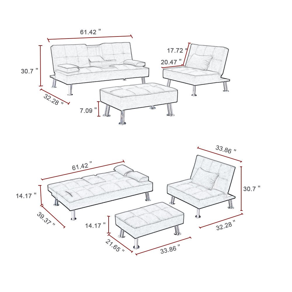 Folding Sofa Bed with 2 Cup Holders, Removable Armrest, and Metal Legs - Casatrail.com