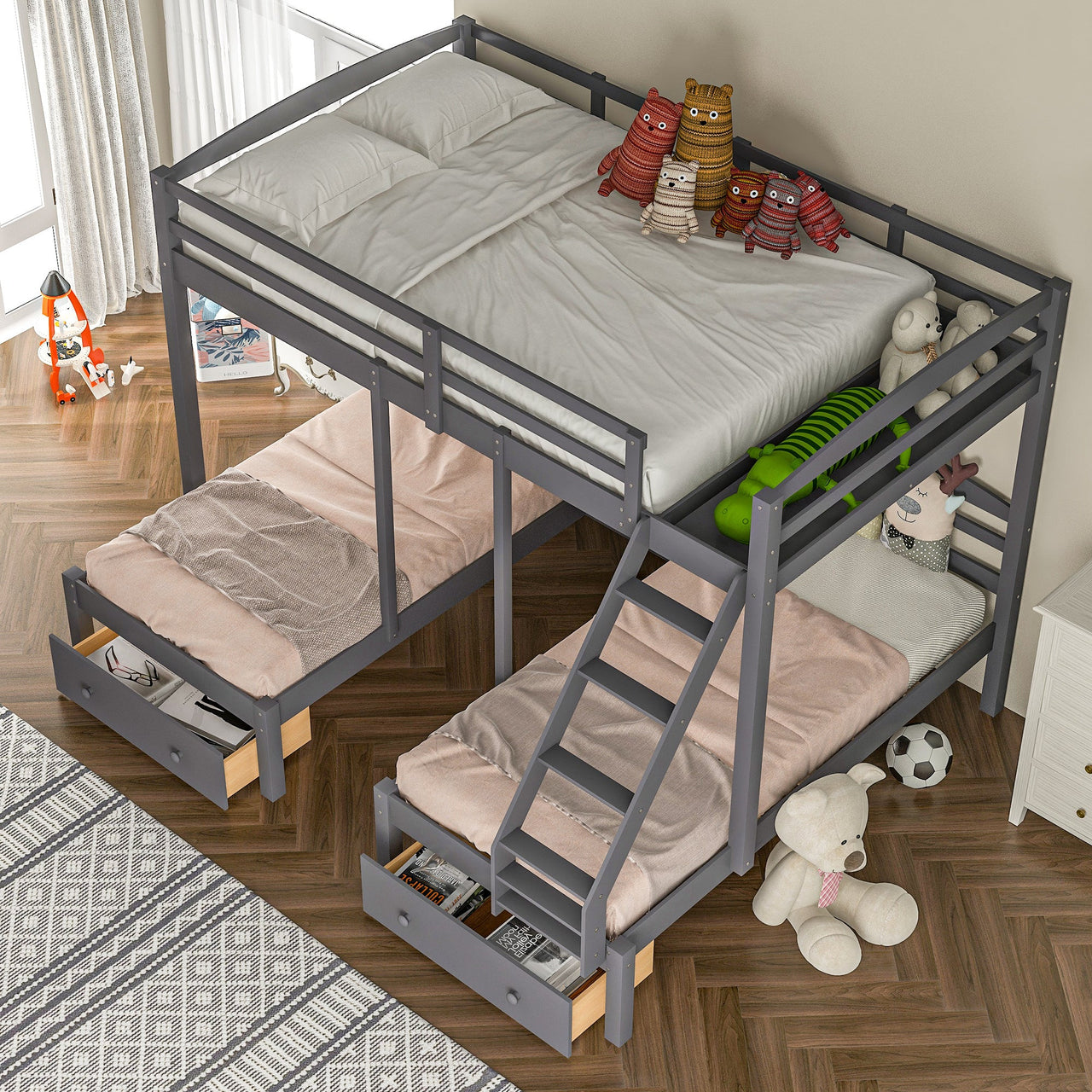 Full over Gray Twin & Twin Bunk Bed, Triple Bunk Bed with Drawers - Casatrail.com