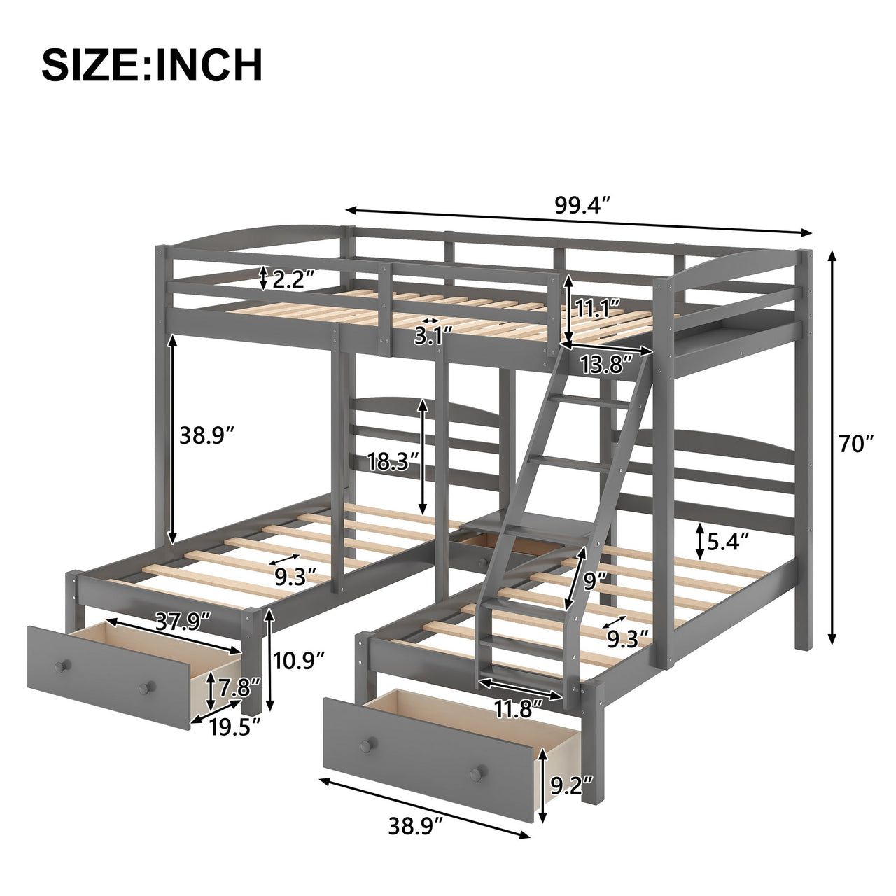 Full over Gray Twin & Twin Bunk Bed, Triple Bunk Bed with Drawers - Casatrail.com