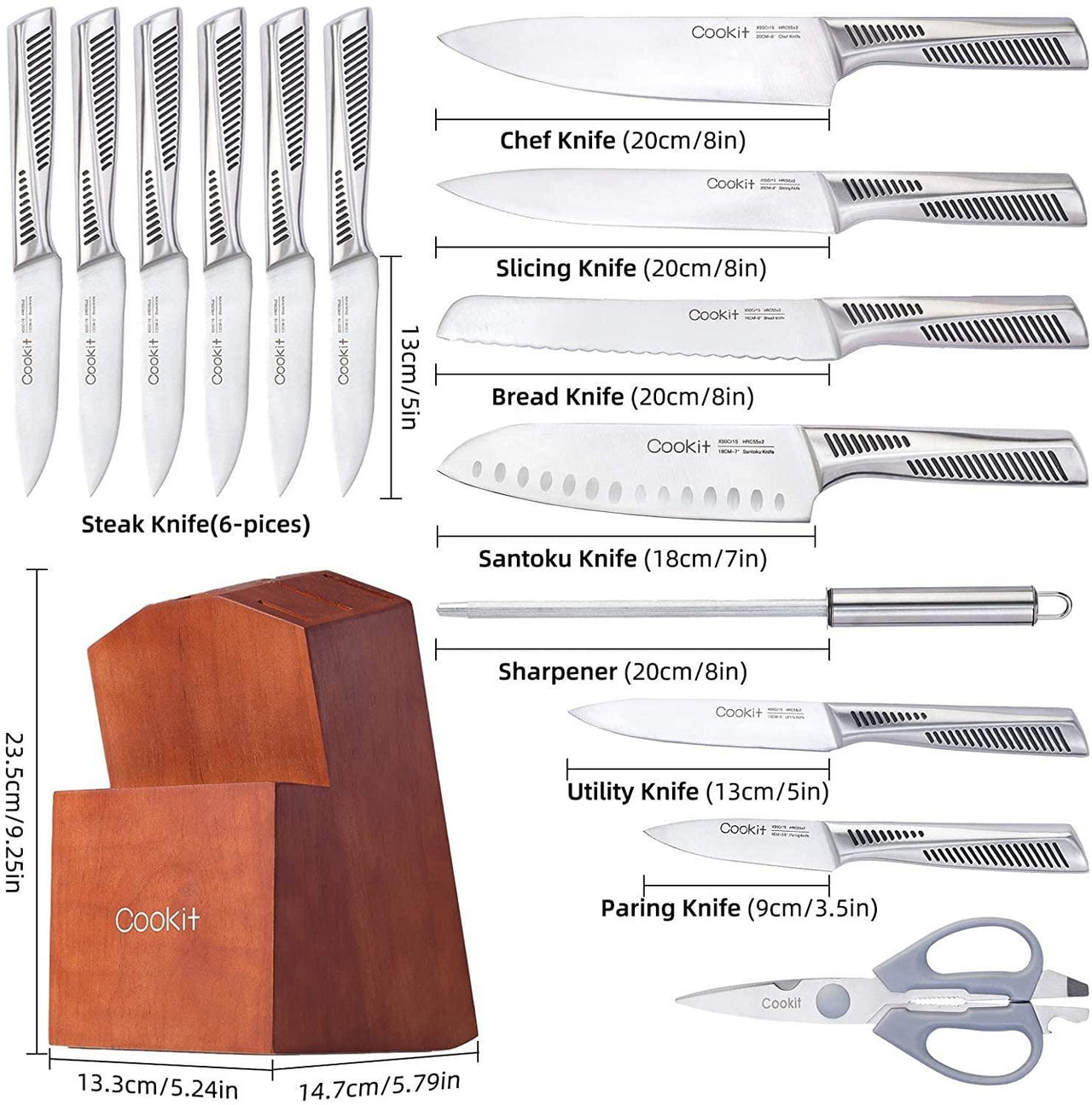 Kitchen Knife Set, Cookit 15 Piece Knife Sets with Block Chef Knife Stainless Steel Hollow Handle Cutlery with Manual Sharpener - Casatrail.com