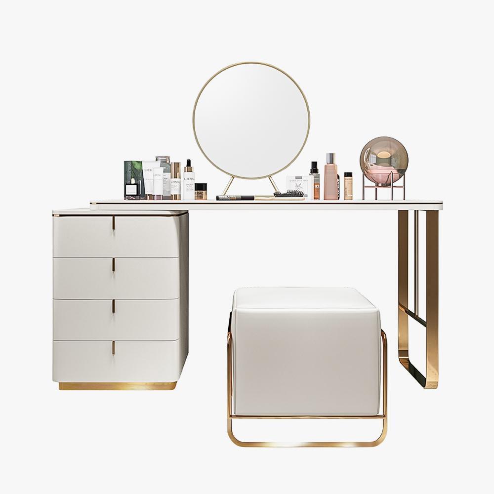 Modern Makeup Vanity; Dressing Table Set with 4 Drawer; PU Leather; Side Cabinet; Mirror & Stool; White; 47'' - Casatrail.com