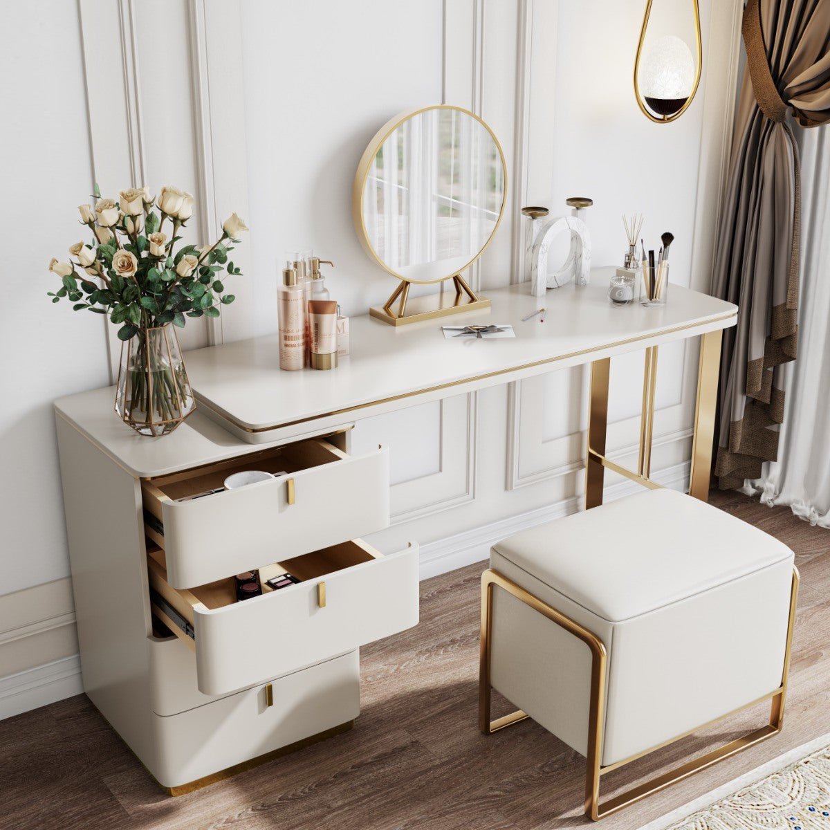 Modern Makeup Vanity; Dressing Table Set with 4 Drawer; PU Leather; Side Cabinet; Mirror & Stool; White; 47'' - Casatrail.com