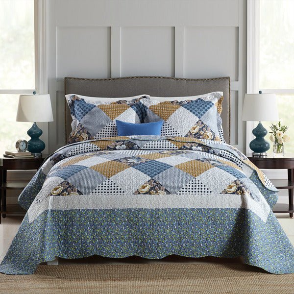 Qucover 3-Piece Queen Quilts Set; Soft Microfiber Reversible Blue Floral Patchwork Quilt Bedspread Queen Size; Quilted Coverlets Bedding Set with 2 Pillowcases; 90x98 Inch - Casatrail.com