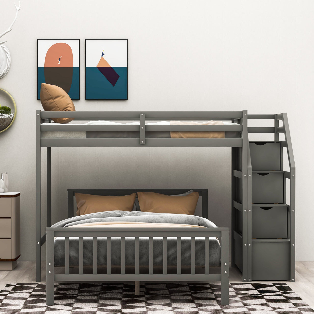 Twin over Full Loft Bed with Staircase,Gray - Casatrail.com
