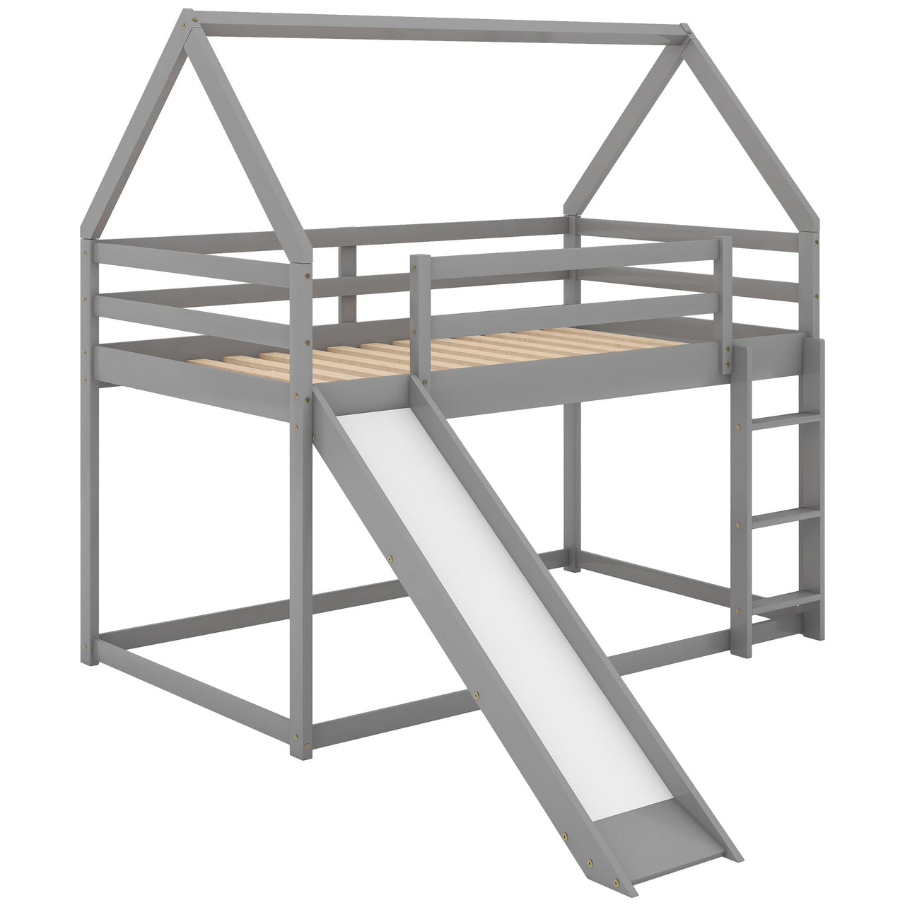 Twin over Twin Low Bunk Bed, House Bed with Ladder , White - Casatrail.com