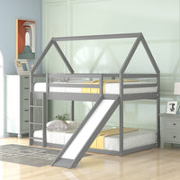 Thumbnail for Twin over Twin Low Bunk Bed, House Bed with Ladder , White - Casatrail.com