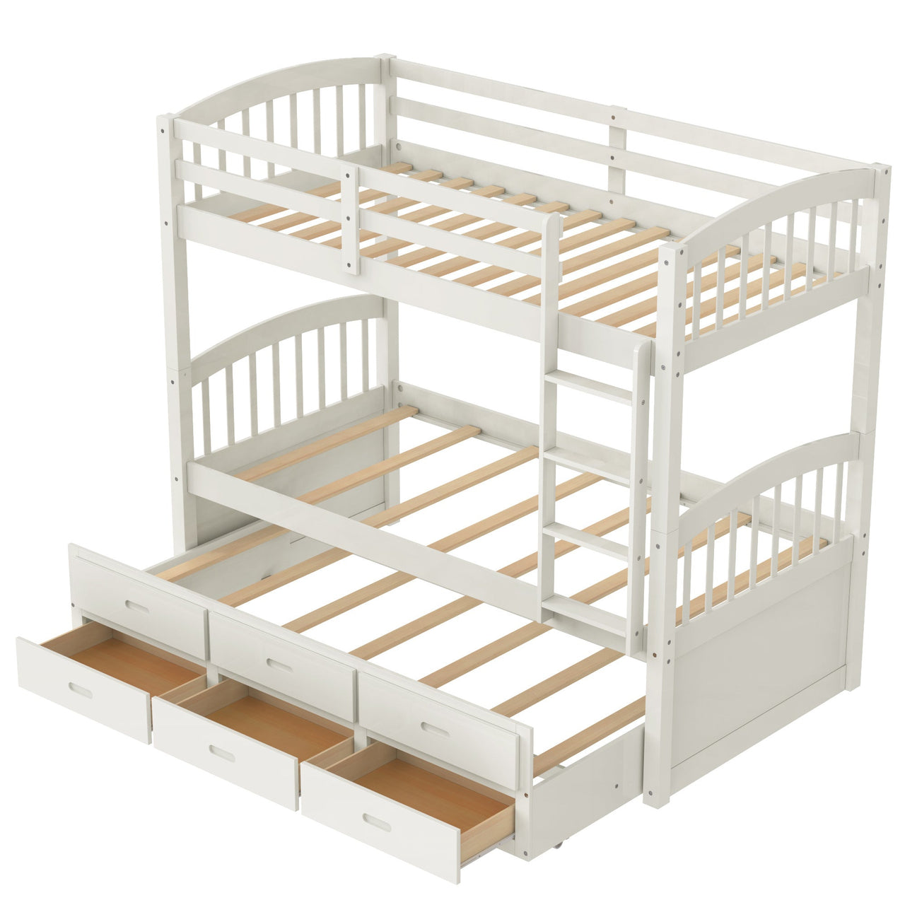 Twin over Twin Wood Bunk Bed with Trundle and Drawers,White - Casatrail.com