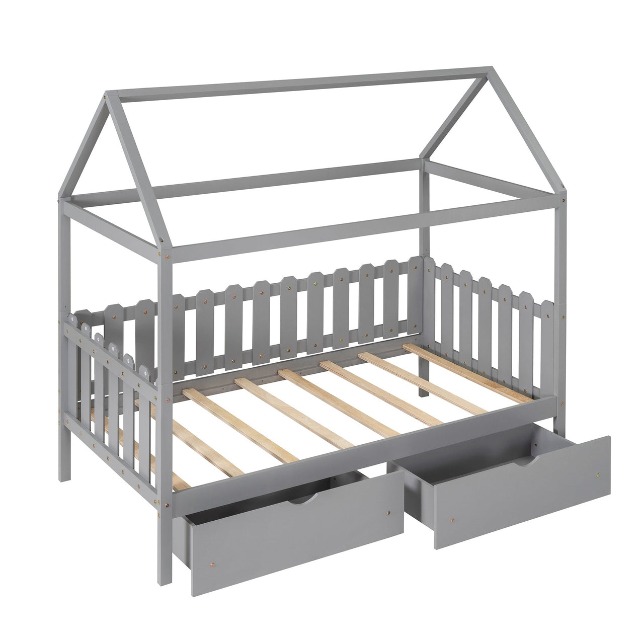 Twin Size House Bed with drawers, Fence-shaped Guardrail, Gray - Casatrail.com