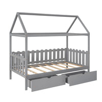 Thumbnail for Twin Size House Bed with drawers, Fence-shaped Guardrail, Gray - Casatrail.com