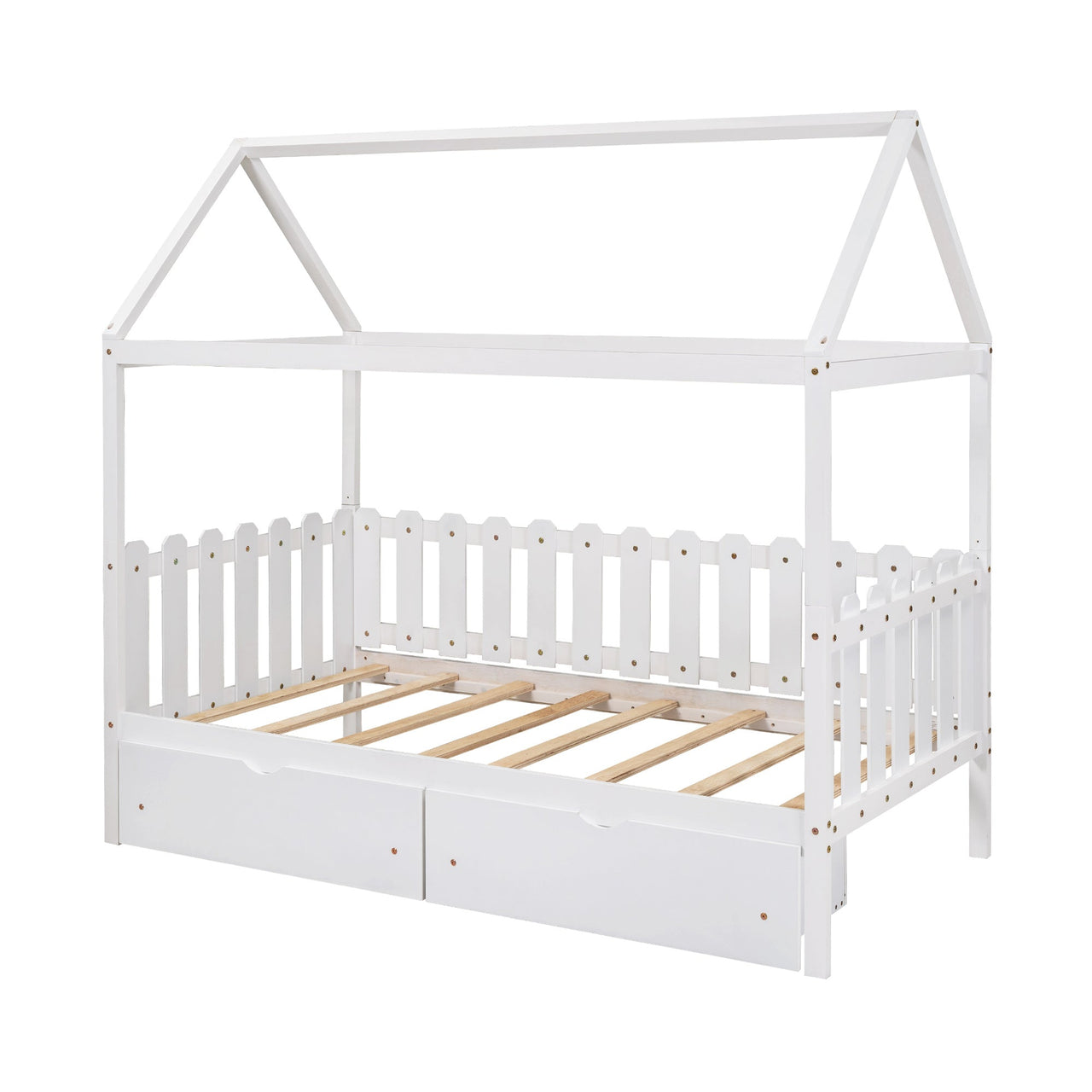 Twin Size House Bed with drawers, Fence-shaped Guardrail, Gray - Casatrail.com