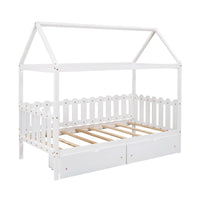 Thumbnail for Twin Size House Bed with drawers, Fence-shaped Guardrail, Gray - Casatrail.com