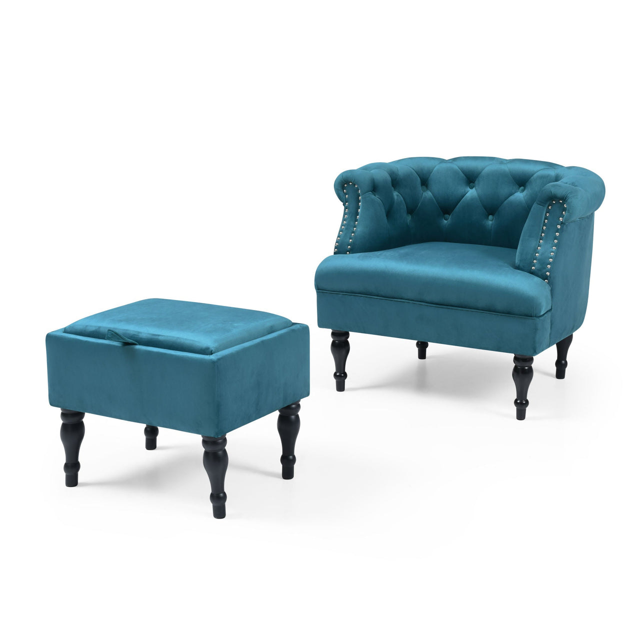 Upholstered Velvet Accent Chair with Ottoman Set for Living Room Modern Button Tufted Arm Chair and Storage Ottoman with Tray Contemporary Single Sofa Reading Chair Footrest Stool; Teal - Casatrail.com