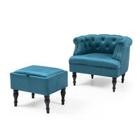 Thumbnail for Upholstered Velvet Accent Chair with Ottoman Set for Living Room Modern Button Tufted Arm Chair and Storage Ottoman with Tray Contemporary Single Sofa Reading Chair Footrest Stool; Teal - Casatrail.com