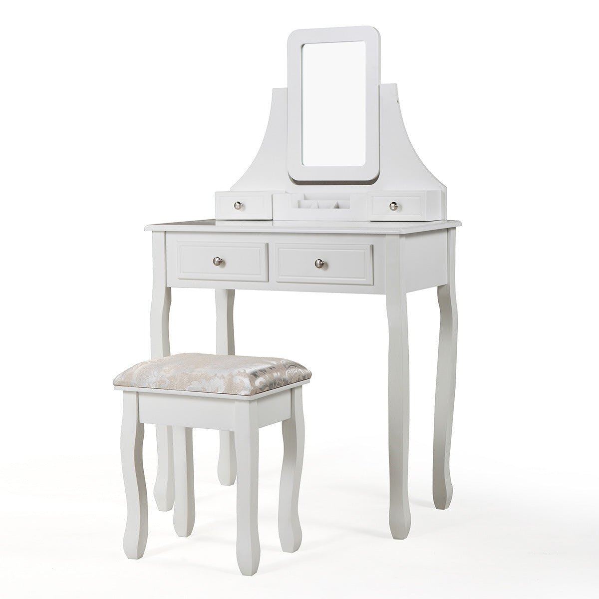 Vanity Table Set with Mirror and Cushioned Stool; Modern Makeup Dressing Table with 4 Drawers; White - Casatrail.com