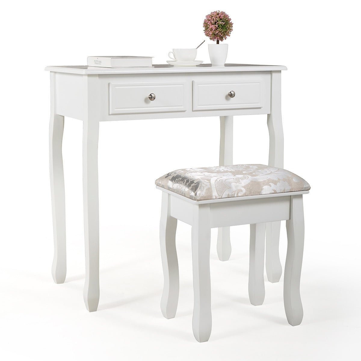 Vanity Table Set with Mirror and Cushioned Stool; Modern Makeup Dressing Table with 4 Drawers; White - Casatrail.com